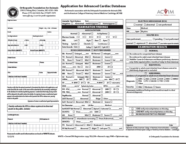 OFA's Advanced Cardiac Database form